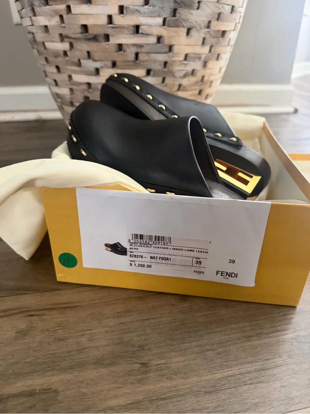 Fendi Black Leather Studded Clog Mule with Gold Heel Accent